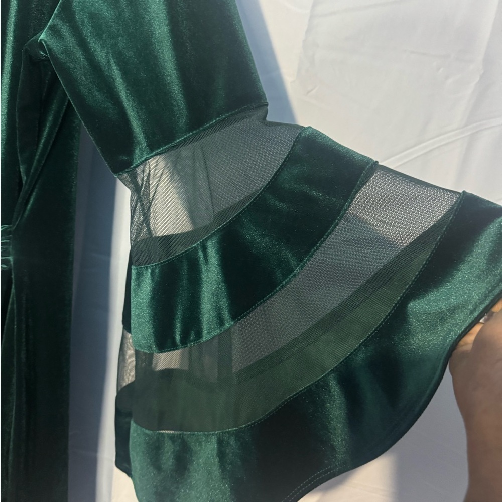 R&M Richards Emerald Velour Dress with Mesh Bell Sleeves Size 12 NWT - Picture 3 of 6